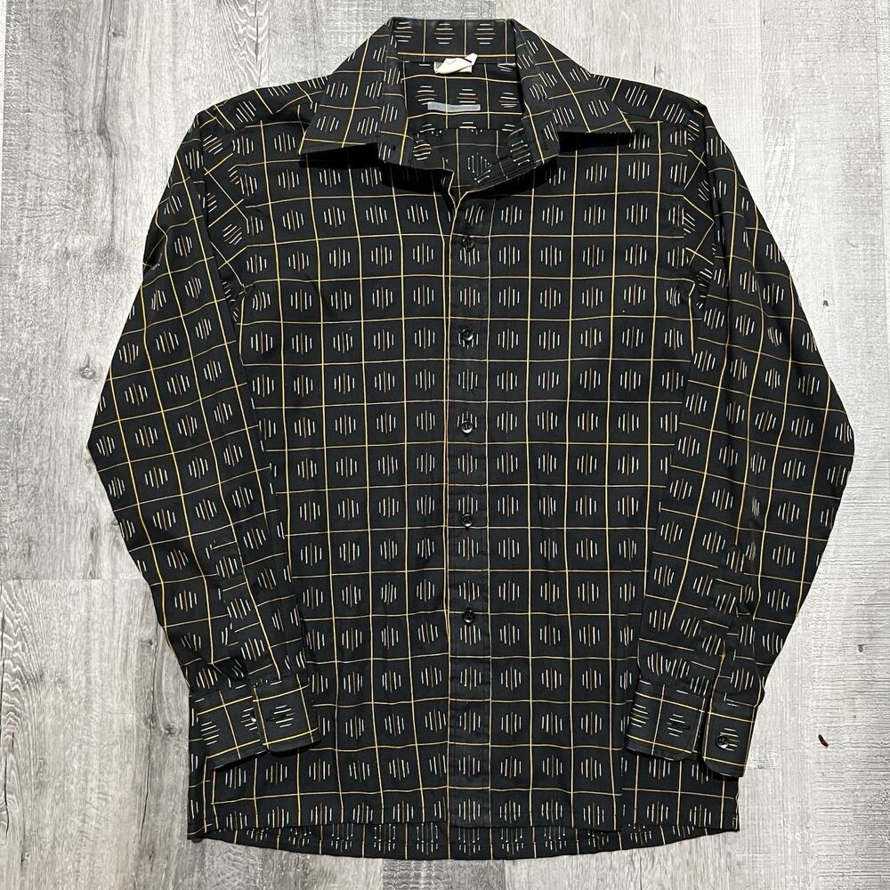 VTG 70s Disco Button Shirt Textured Stitch Motif Wide Collar Black Hippie Grid